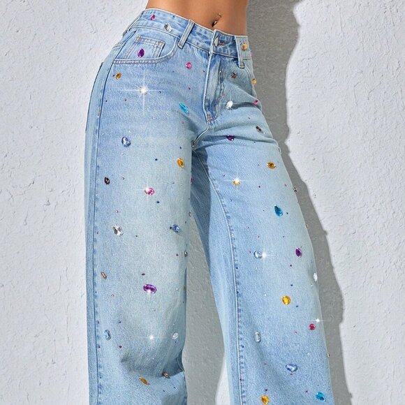 Denim - Blue Casual Women's Pearl Decor Low Waist Wide Leg Jeans With Slant Pockets